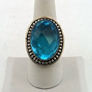 Estate Sterling Silver 925 Ring Size 8 Large Oval Blue Topaz Glass Statement